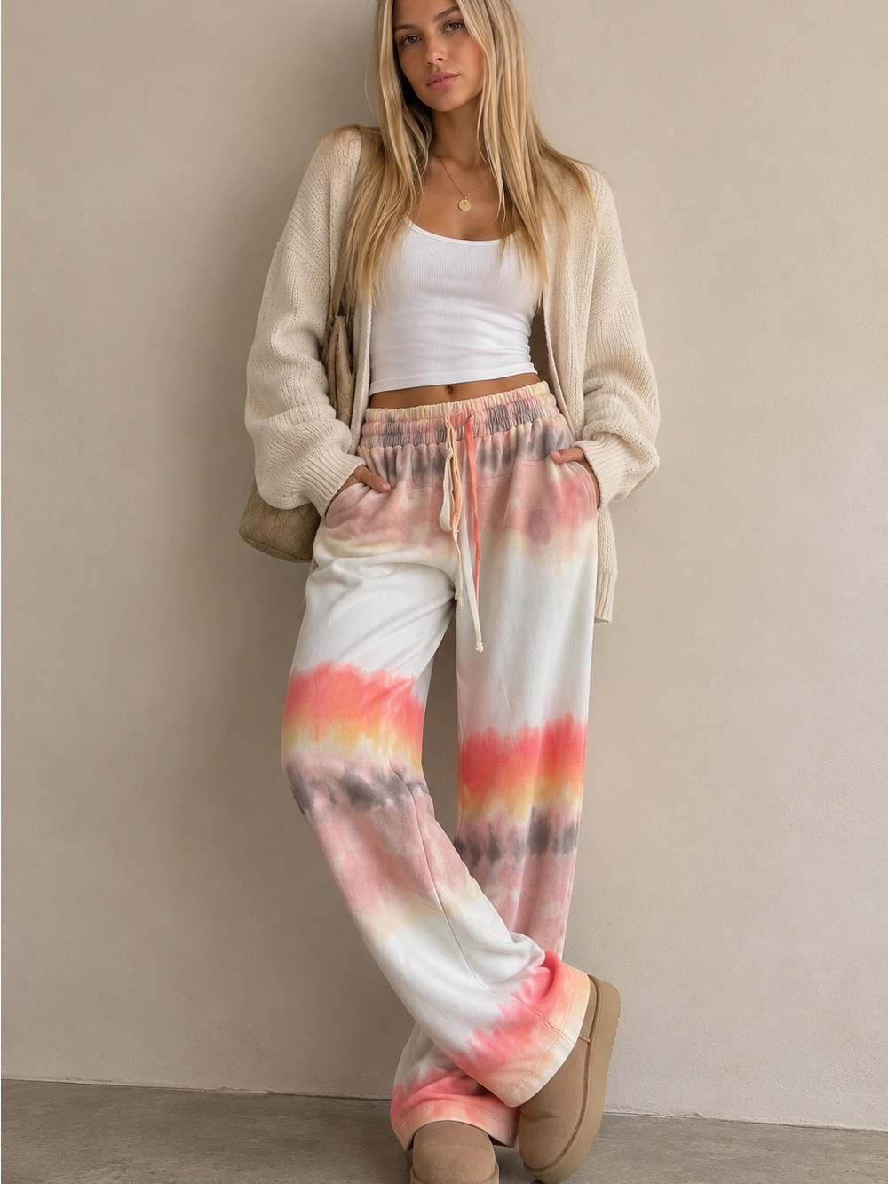 Mystree Cream Tie Straight Leg Sweatpants with Coral & Yellow Wash